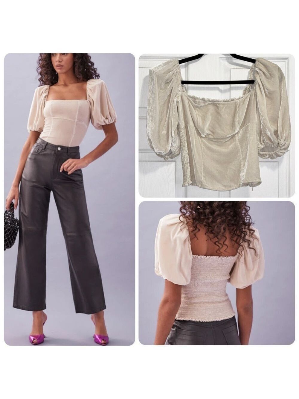 Reformation Luka Velvet Top Puff Sleeves Smocked Back Almond Size 0 Fits Bigger